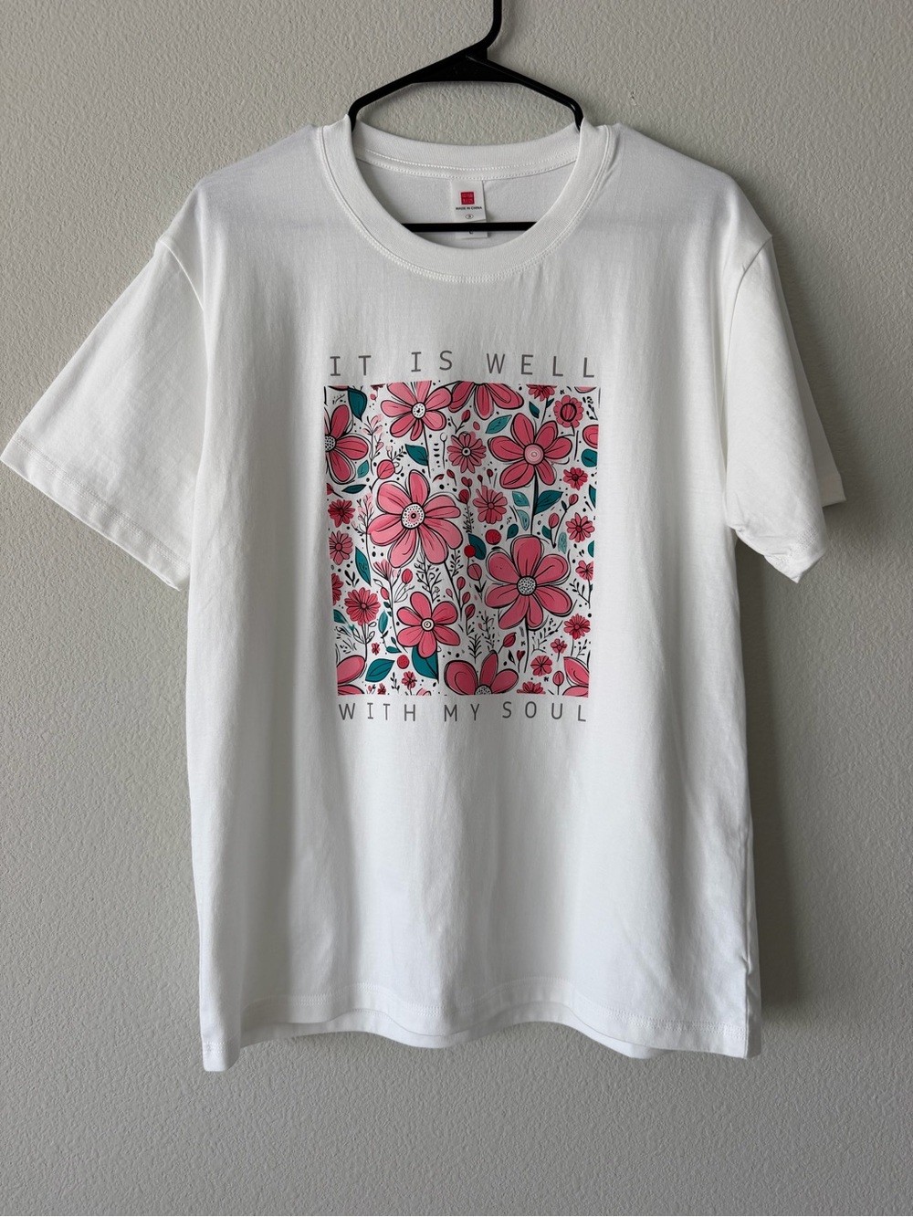 "It Is Well With My Soul" Floral Pink Graphic Tee Size Large White T-Shirt